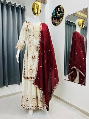 White color chinnon silk party wear trending plazo set 4