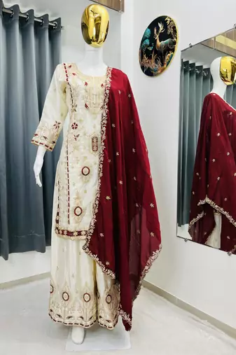 White color chinnon silk party wear trending plazo set