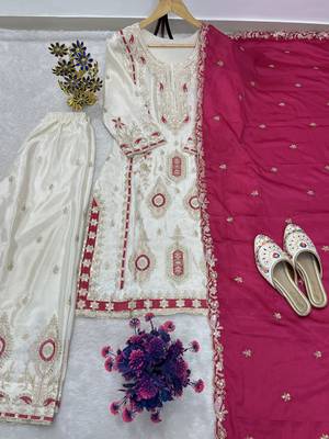 White color chinnon silk party wear trending plazo set 2
