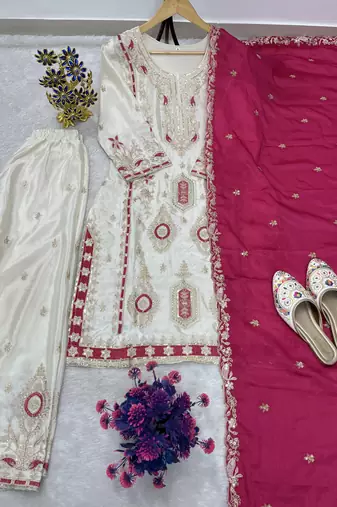 White color chinnon silk party wear trending plazo set