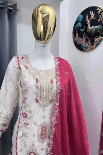 White color chinnon silk party wear trending plazo set