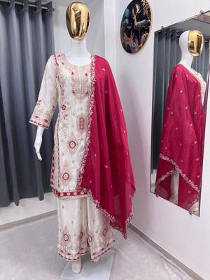 White color chinnon silk party wear trending plazo set 4
