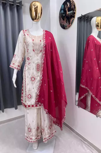 White color chinnon silk party wear trending plazo set