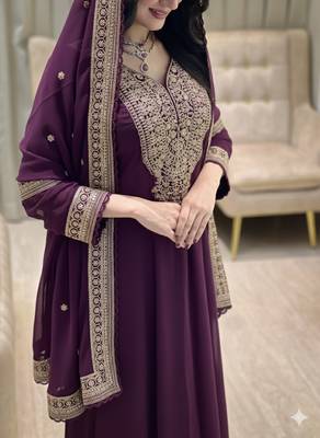 Wine color faux georgette embroidery work long party wear gown 2