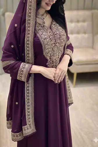 Wine color faux georgette embroidery work long party wear gown
