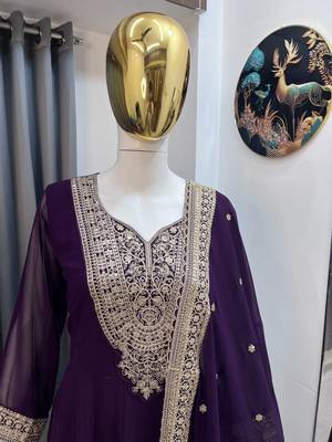 Wine color faux georgette embroidery work long party wear gown 3