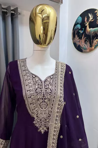 Wine color faux georgette embroidery work long party wear gown