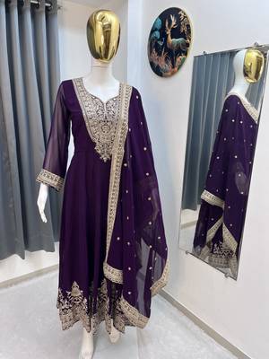 Wine color faux georgette embroidery work long party wear gown 4