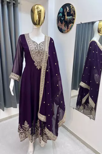 Wine color faux georgette embroidery work long party wear gown