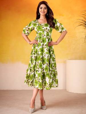 Fantastic Mehendi Green Floral Printed Silk Daily Wear Dress 1