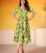 Fantastic Mehendi Green Floral Printed Silk Daily Wear Dress