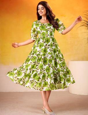 Fantastic Mehendi Green Floral Printed Silk Daily Wear Dress 3