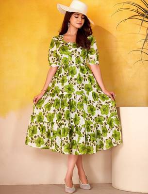 Fantastic Mehendi Green Floral Printed Silk Daily Wear Dress 4