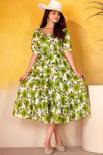 Fantastic Mehendi Green Floral Printed Silk Daily Wear Dress