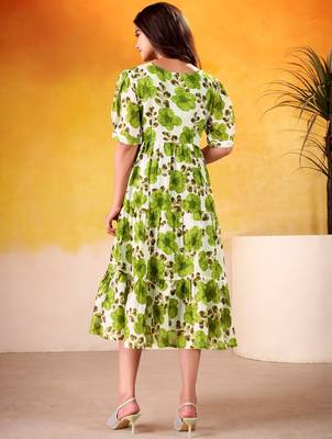 Fantastic Mehendi Green Floral Printed Silk Daily Wear Dress 6