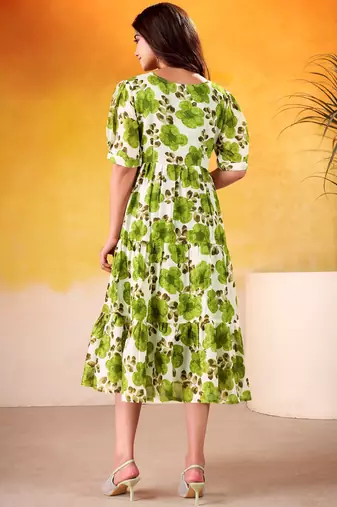 Fantastic Mehendi Green Floral Printed Silk Daily Wear Dress