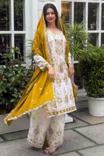 White color chinnon silk party wear trending plazo set