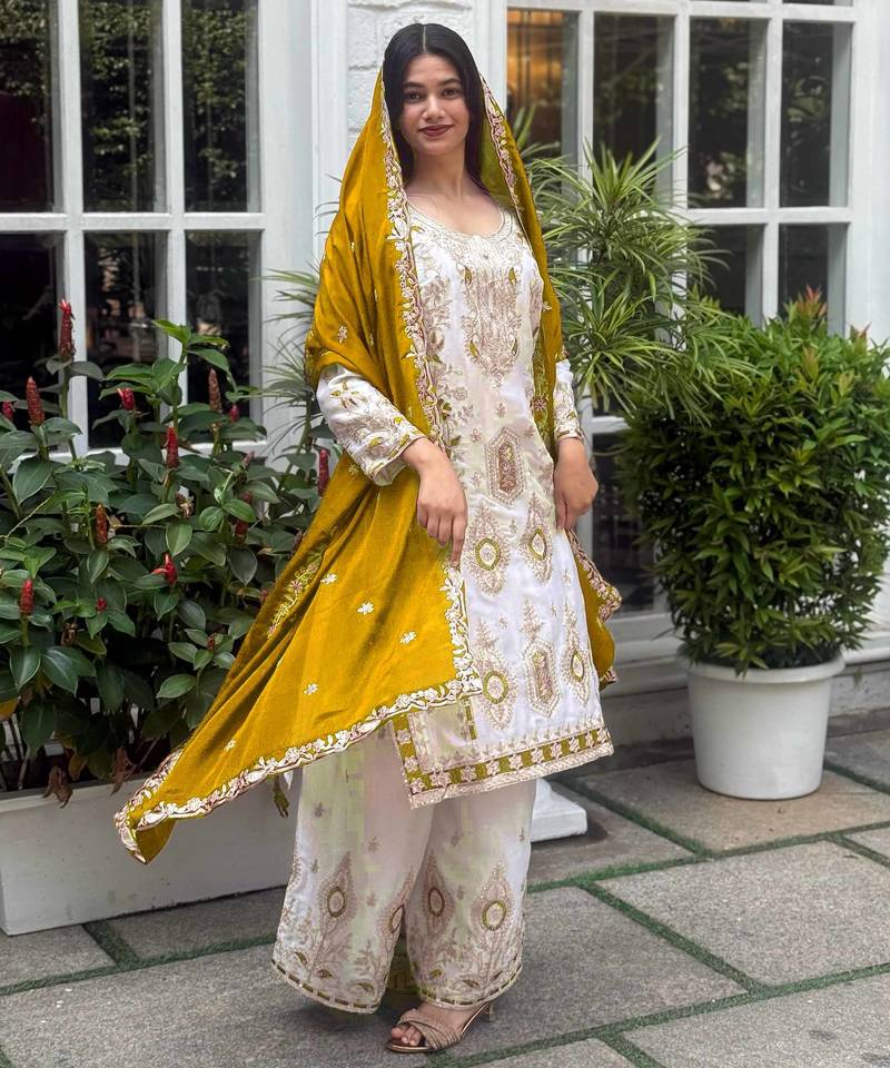 White color chinnon silk party wear trending plazo set