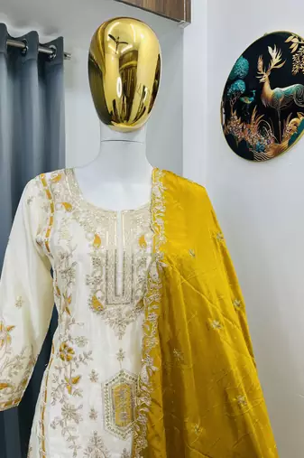 White color chinnon silk party wear trending plazo set