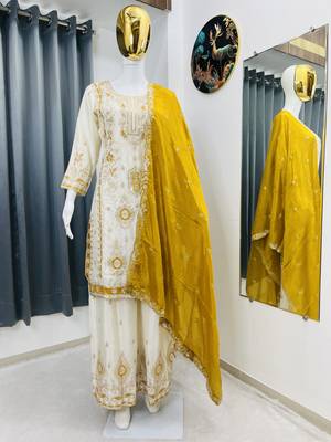 White color chinnon silk party wear trending plazo set 4