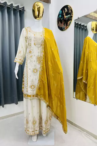 White color chinnon silk party wear trending plazo set