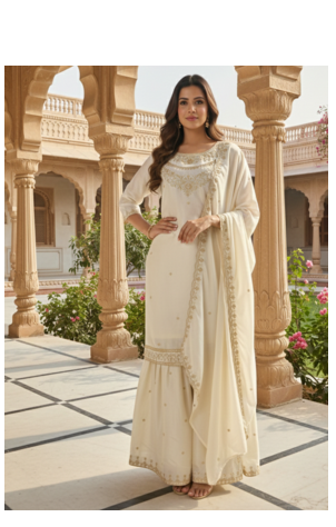 Cream color fendy satin silk heavy embroidery work sharara suit 2