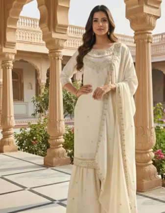 Cream color fendy satin silk heavy embroidery work sharara suit