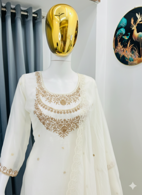 Cream color fendy satin silk heavy embroidery work sharara suit 3