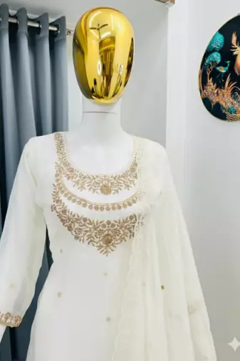 Cream color fendy satin silk heavy embroidery work sharara suit