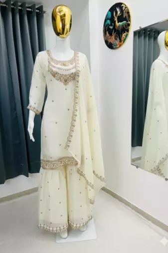 Cream color fendy satin silk heavy embroidery work sharara suit