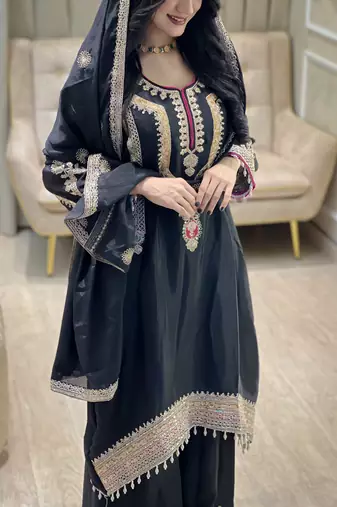 Black color chinnon silk party wear trending plazo set