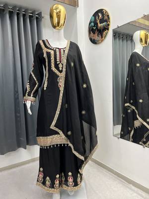 Black color chinnon silk party wear trending plazo set 4