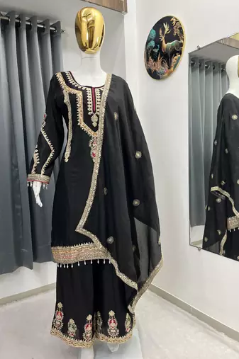 Black color chinnon silk party wear trending plazo set