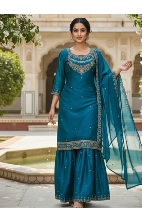 Teal color fendy satin silk heavy embroidery work sharara suit 2