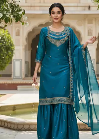 Teal color fendy satin silk heavy embroidery work sharara suit
