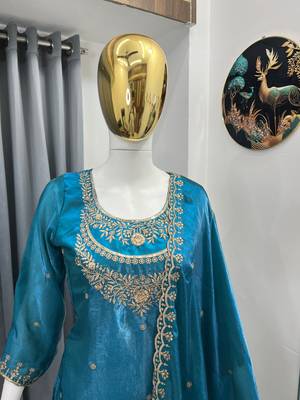 Teal color fendy satin silk heavy embroidery work sharara suit 3