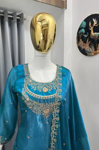 Teal color fendy satin silk heavy embroidery work sharara suit