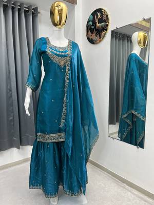 Teal color fendy satin silk heavy embroidery work sharara suit 4