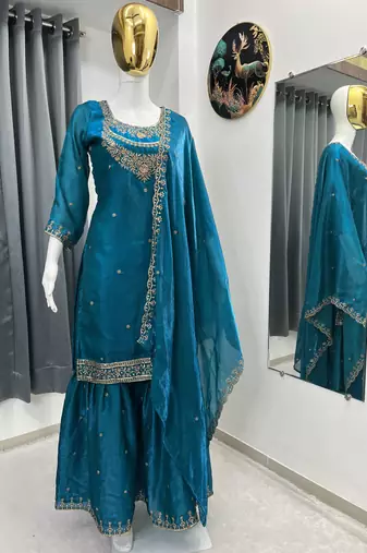 Teal color fendy satin silk heavy embroidery work sharara suit