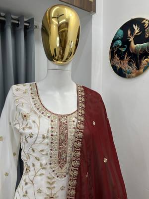 White color faux georgette embroidery work long party wear plazo suit 3