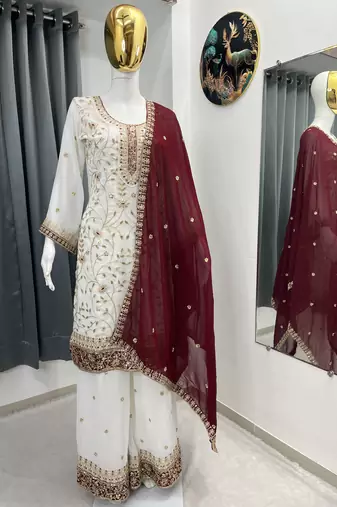 White color faux georgette embroidery work long party wear plazo suit