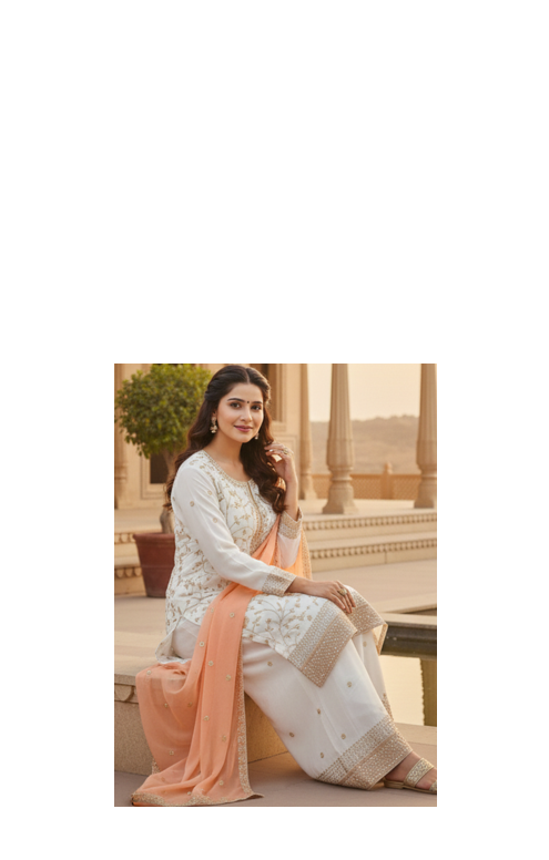 White color faux georgette embroidery work long party wear plazo suit 2