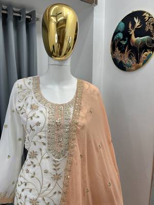 White color faux georgette embroidery work long party wear plazo suit 3