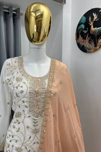 White color faux georgette embroidery work long party wear plazo suit