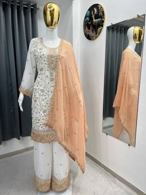 White color faux georgette embroidery work long party wear plazo suit 4