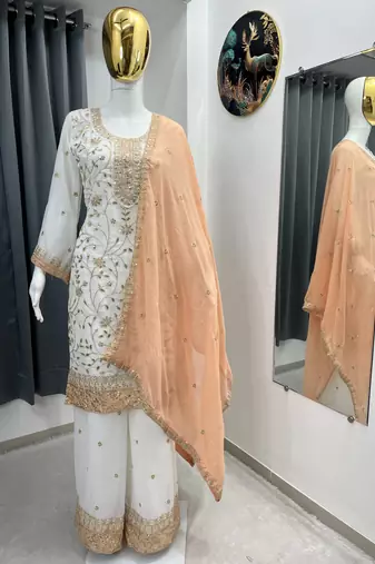 White color faux georgette embroidery work long party wear plazo suit