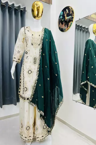 Green color chinnon silk party wear trending plazo set