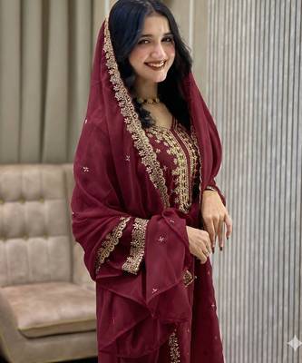 Maroon color faux georgette embroidery work party wear salwar suit 2