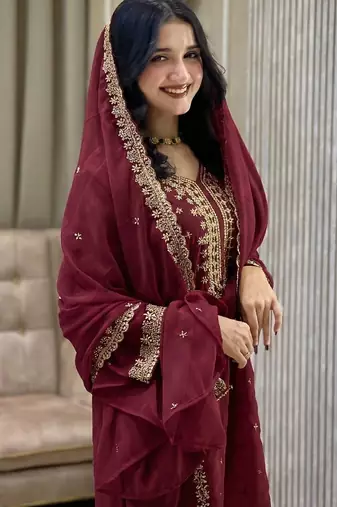 Maroon color faux georgette embroidery work party wear salwar suit