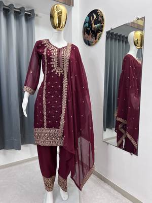 Maroon color faux georgette embroidery work party wear salwar suit 4